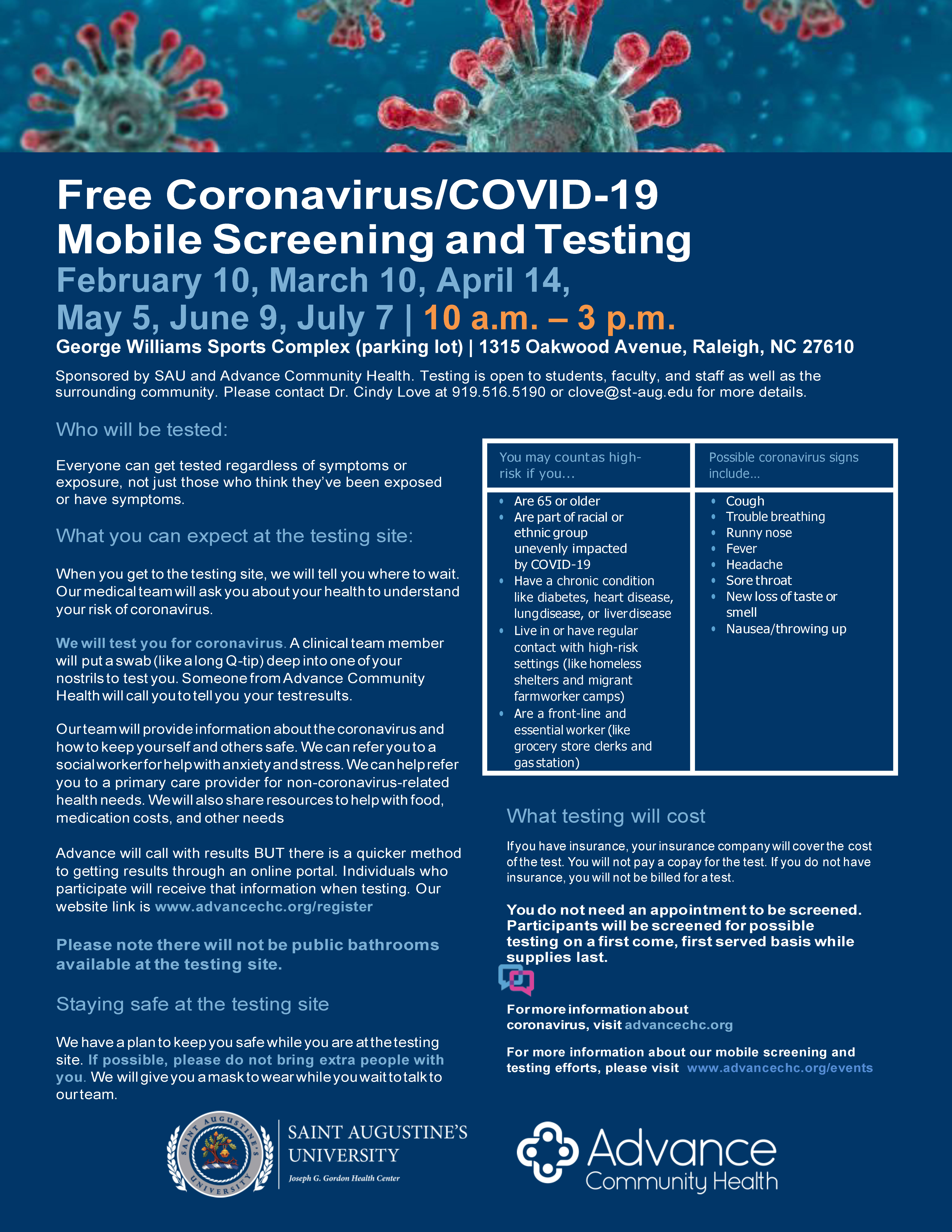 Free Coronavirus Covid 19 Mobile Screening And Testing Saint Augustine S University