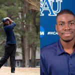 Golf student in mid swing and head shot